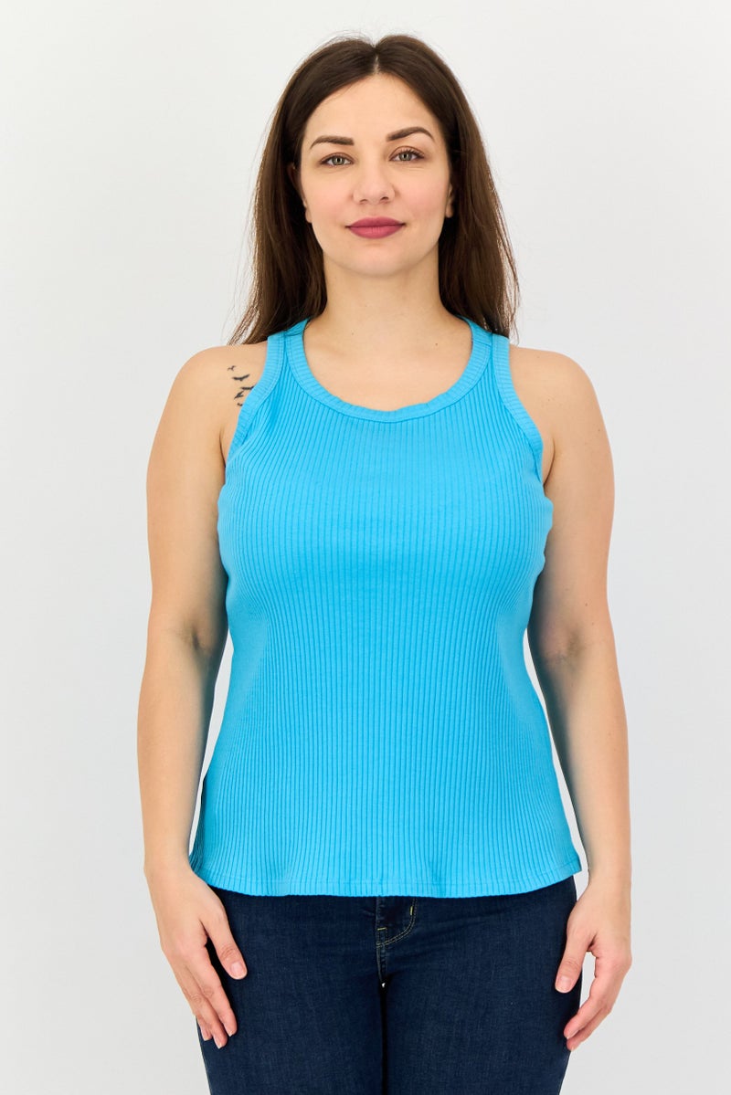 promod Women Crew Neck Sleeveless Ribbed Tank Top, Cyan Blue - Image 1