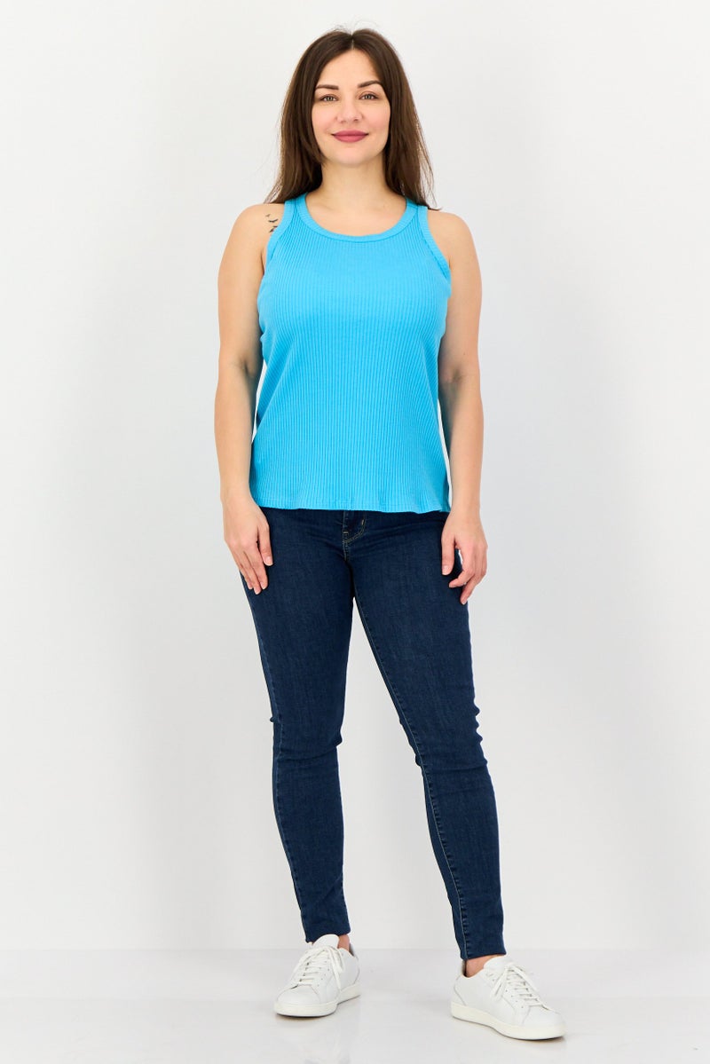 promod Women Crew Neck Sleeveless Ribbed Tank Top, Cyan Blue - Image 3