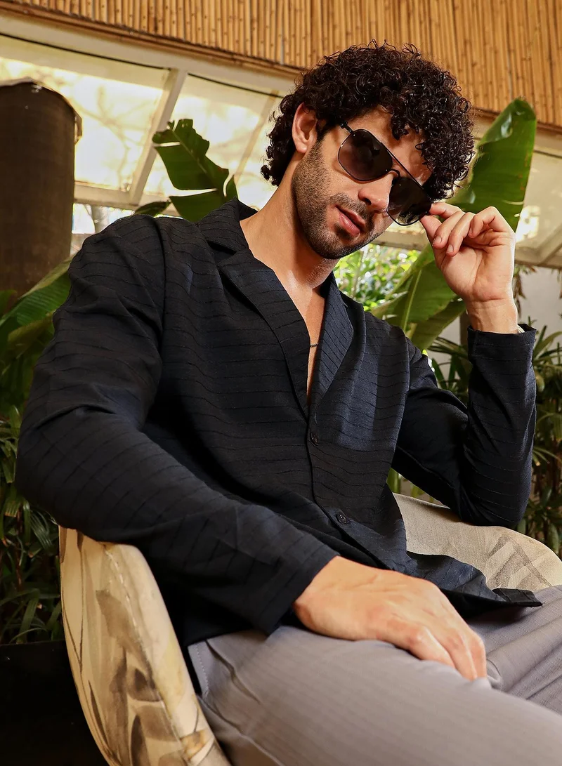 Campus Sutra Men's Onyx Black Striped Cuban Shirt