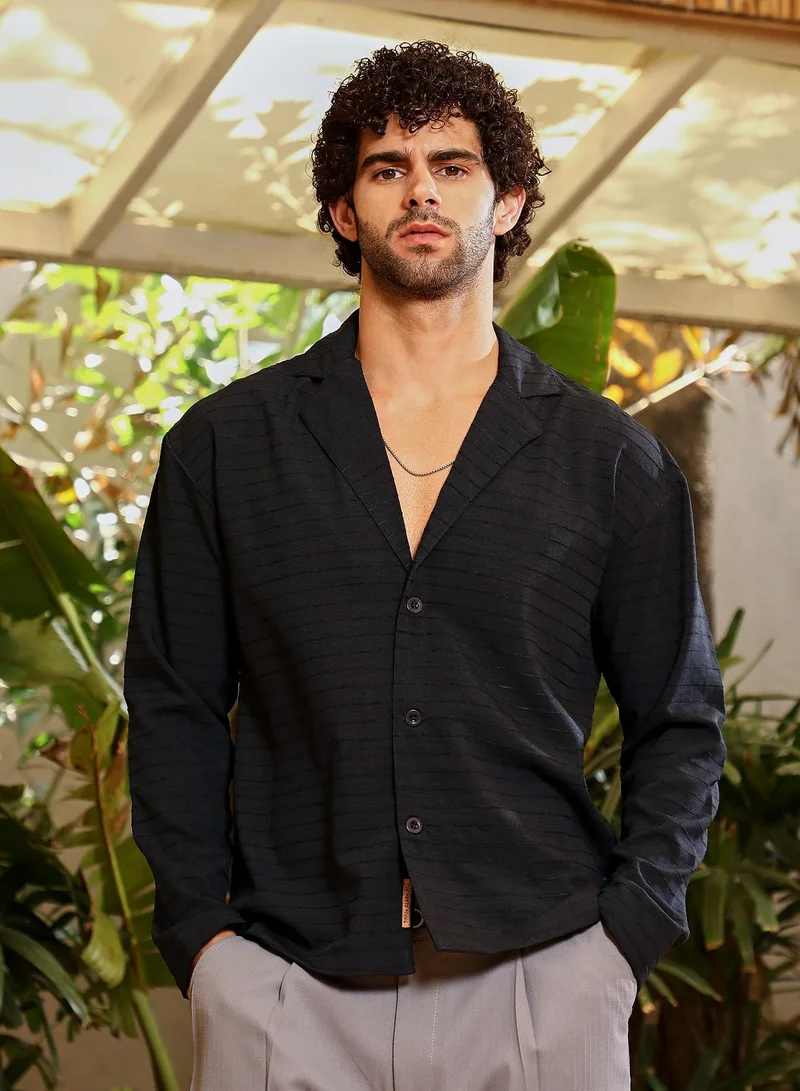 Campus Sutra Men's Onyx Black Striped Cuban Shirt