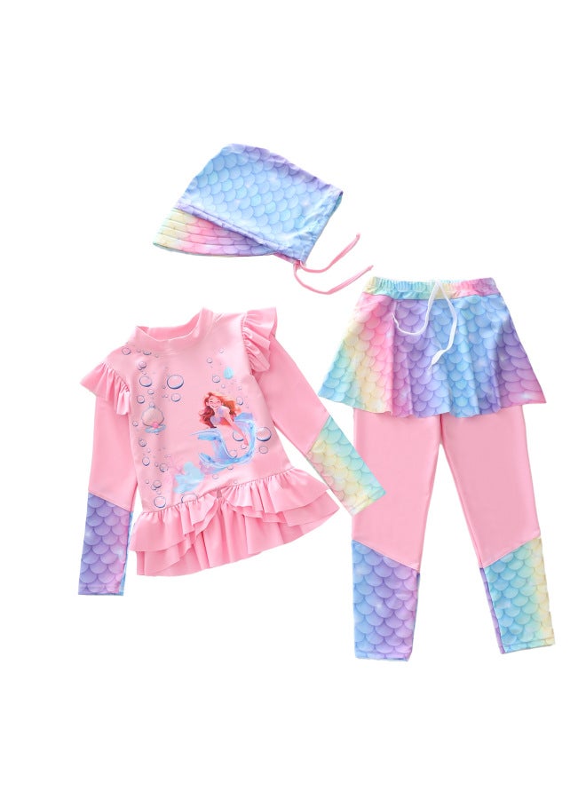 New Style Kids Swimsuit Girls Two-piece Small Medium Large Children Long Sleeve Long Pants Skirt Swimsuit Cartoon Trendy Girls Swimwear