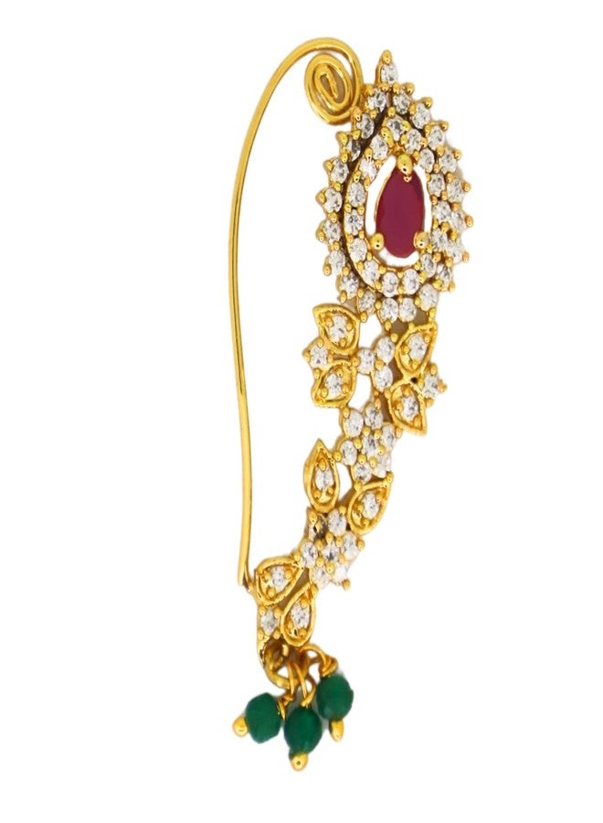 JWELLA Traditional Maharashtrian Nath for Women | Gold Plated Nose Ring with Red Stone, White AD Diamonds & Green Beads | Bridal & Festive Jewelry - Image 1