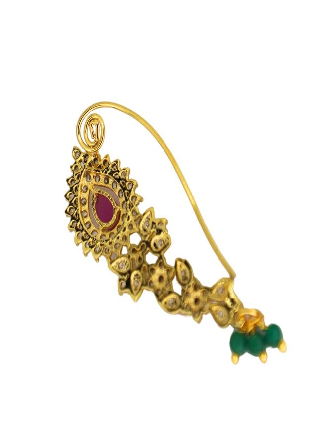 JWELLA Traditional Maharashtrian Nath for Women | Gold Plated Nose Ring with Red Stone, White AD Diamonds & Green Beads | Bridal & Festive Jewelry - Image 4