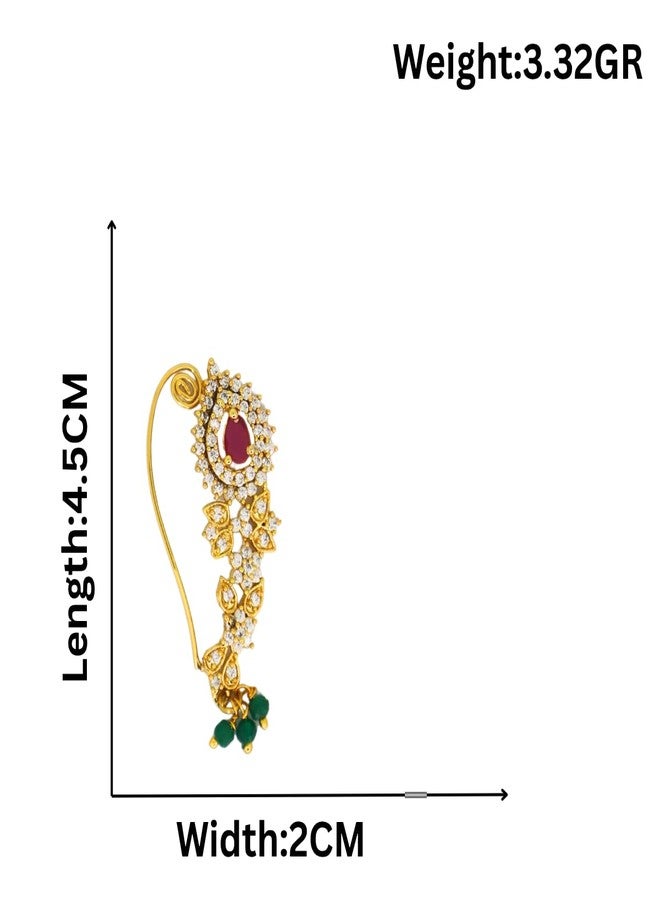 JWELLA Traditional Maharashtrian Nath for Women | Gold Plated Nose Ring with Red Stone, White AD Diamonds & Green Beads | Bridal & Festive Jewelry - Image 5