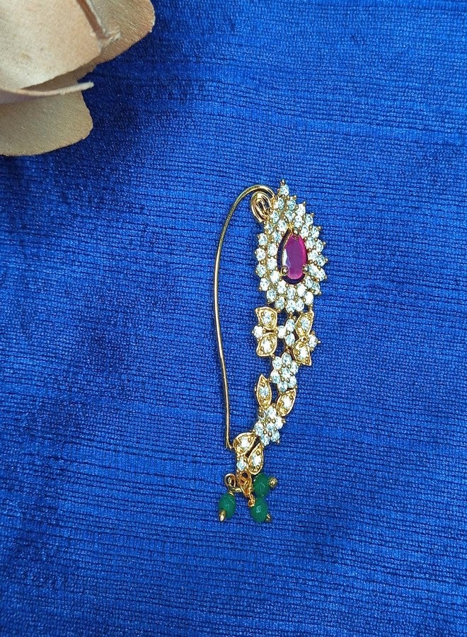 JWELLA Traditional Maharashtrian Nath for Women | Gold Plated Nose Ring with Red Stone, White AD Diamonds & Green Beads | Bridal & Festive Jewelry - Image 2