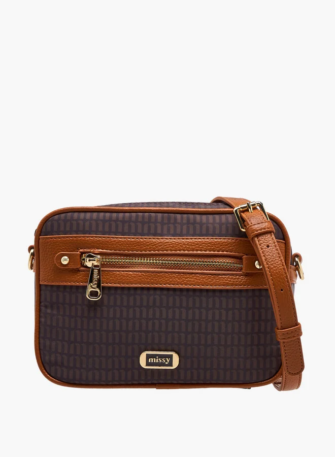 ميسي Women Monogram Print Crossbody Bag with Detachable Strap and Zip Closure