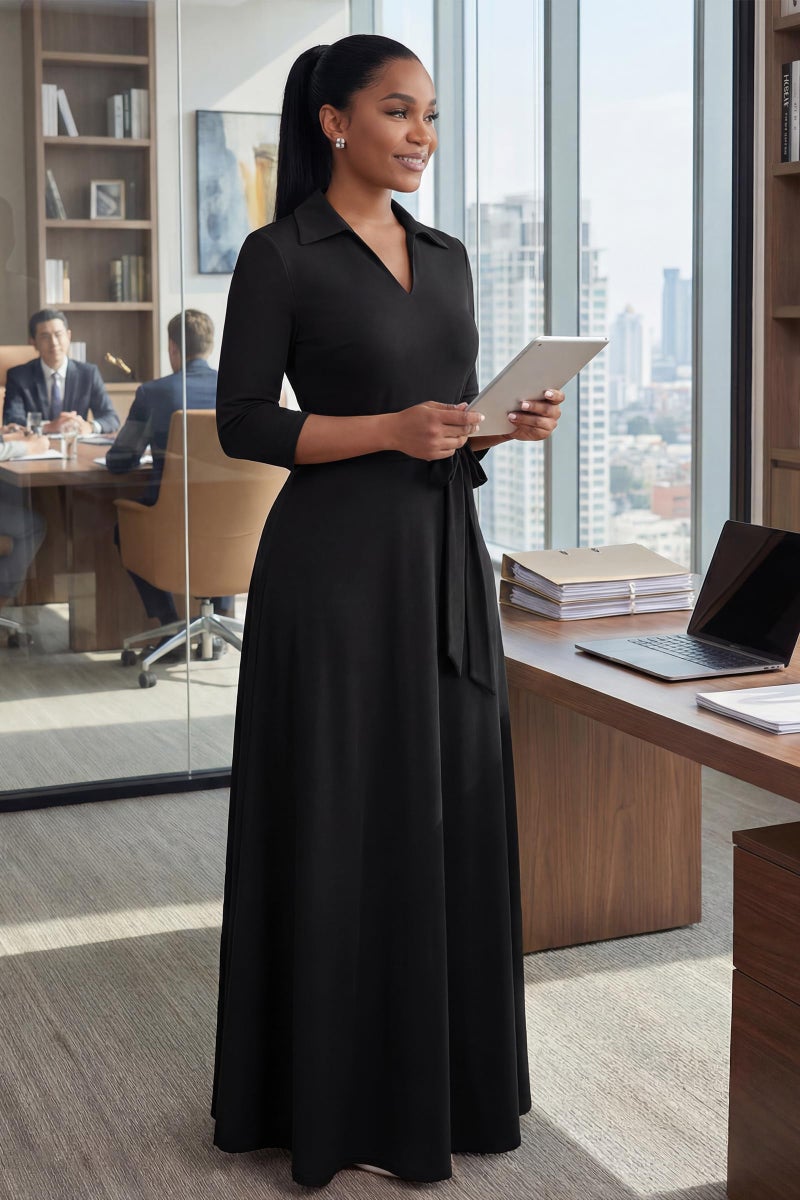 FANDEE Maxi Dresses for Women V Neck Casual A-line Dress 3/4 Sleeve Semi Formal Dress for Women Black M - Image 4