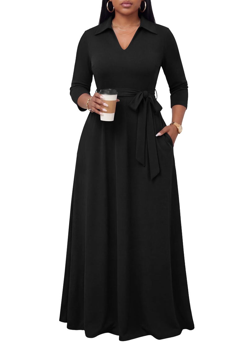 FANDEE Maxi Dresses for Women V Neck Casual A-line Dress 3/4 Sleeve Semi Formal Dress for Women Black M - Image 1