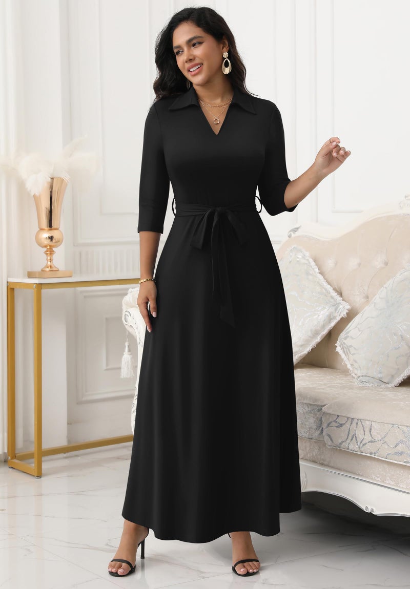 FANDEE Maxi Dresses for Women V Neck Casual A-line Dress 3/4 Sleeve Semi Formal Dress for Women Black M - Image 2