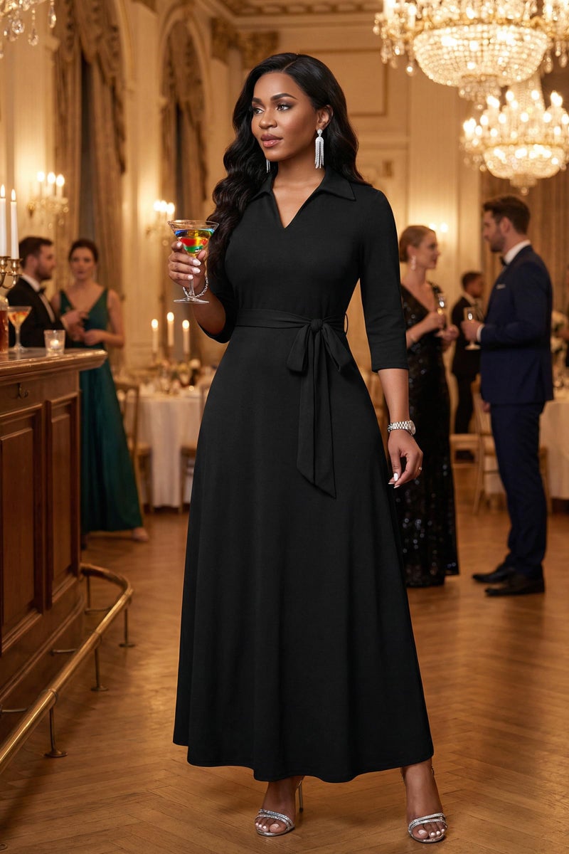 FANDEE Maxi Dresses for Women V Neck Casual A-line Dress 3/4 Sleeve Semi Formal Dress for Women Black M - Image 5