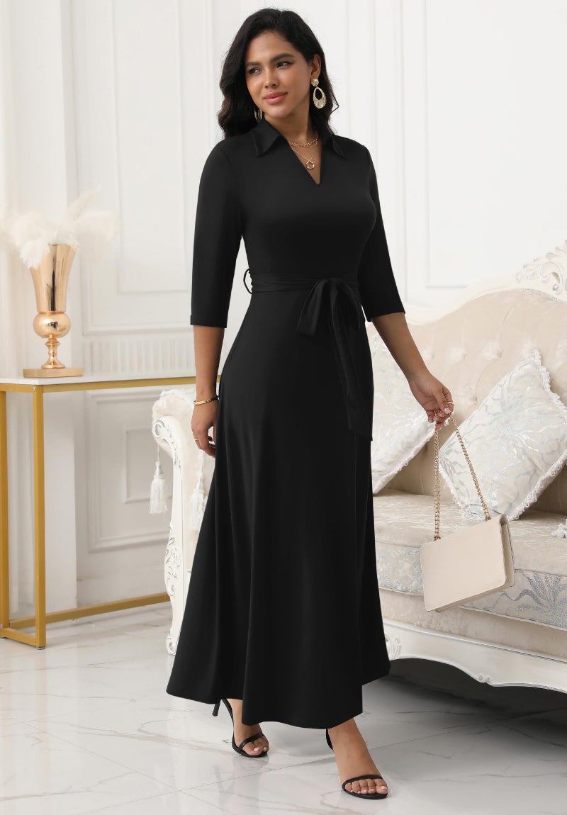 FANDEE Maxi Dresses for Women V Neck Casual A-line Dress 3/4 Sleeve Semi Formal Dress for Women Black M - Image 3