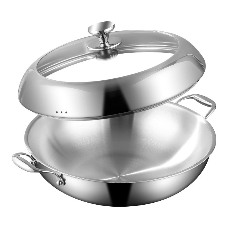 DELARLO TriPly Stainless Steel Wok Pan with Lid 14inch Healthy NonToxic Flat Bottom Induction Wok Stir Fry Pan for Glass Top Stove Up to 600