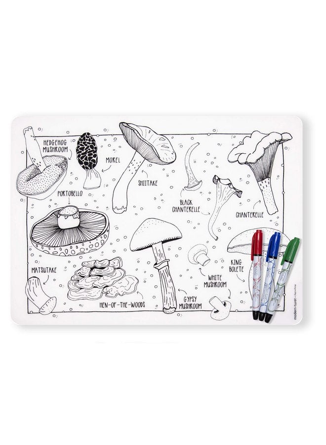 modern-twist MODERN-TWIST Waterproof, Dishwasher Safe Mark, Mat & Marker Set, Mighty Mushrooms  - Image 1