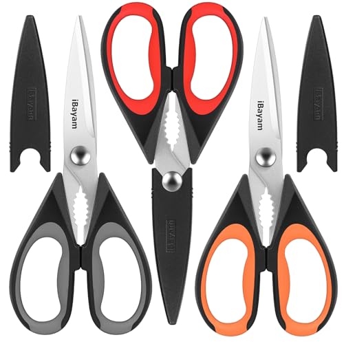 iBayam 3-Pack 8.5"Kitchen Scissors All Purpose Heavy Duty with Protective Sheath, Soft Grip Comfort Handle, Dishwasher Safe Kitchen Utensils Gadgets Set, Stainless Cooking Meat Poultry Food Shears - Image 1