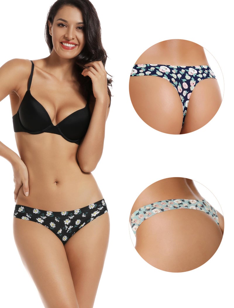 voenxe Seamless Women Underwear Thongs Multipack,No Show Ladies Thong,Invisible No Line Breathable Comfortable Panties Undies,Womens No Seam Soft Wide Gusset Tanga,Floral Microfiber Legging Underpants,5-Pack - Image 3