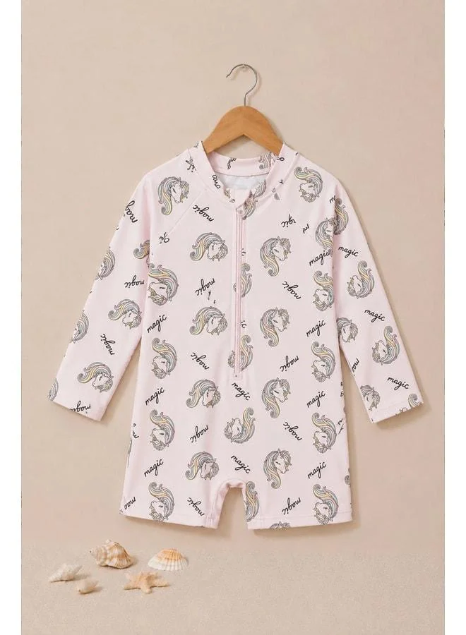 zuzunga Unicorn-Patterned Long Sleeve Baby Girl Swimsuit with Zipper.