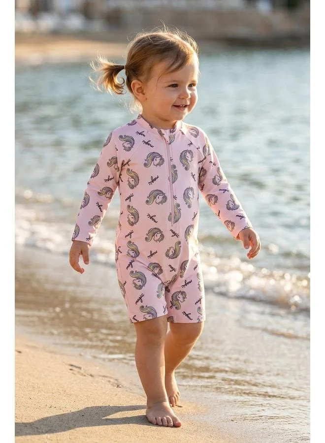 zuzunga Unicorn-Patterned Long Sleeve Baby Girl Swimsuit with Zipper.