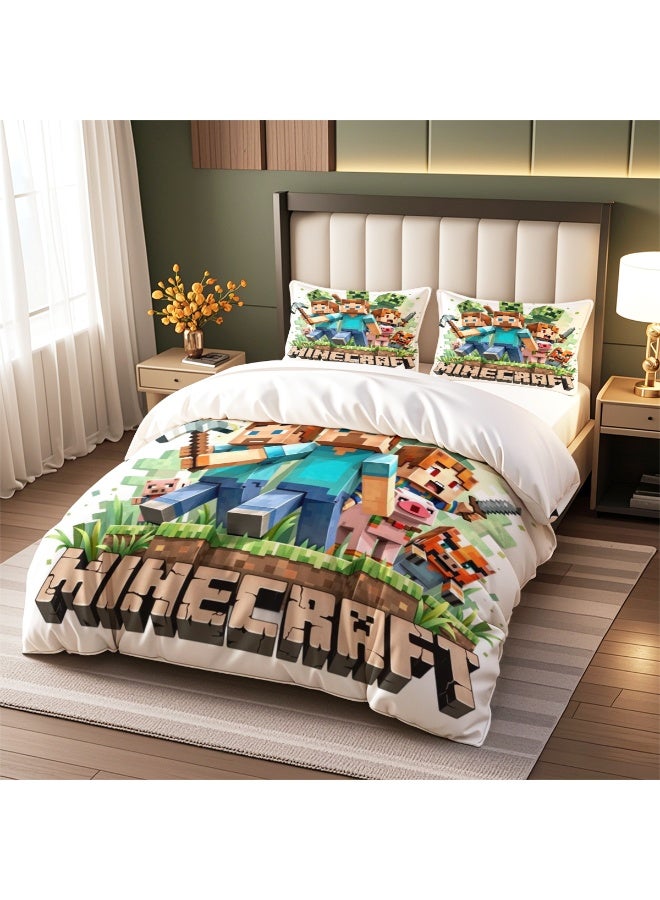 ماين كرافت طقم مفروشات بنمط إبداعي من ثلاث قطع مع ملاءات بوليستر ناعمة من الألياف الدقيقة ، بما في ذلك غطاء لحاف وغطاء وسادة (غطاء لحاف مقاس 150 سم × 200 سم) - Image 2
