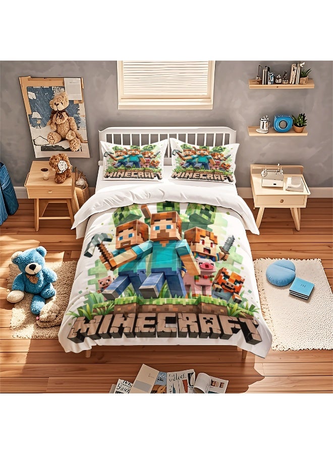 ماين كرافت طقم مفروشات بنمط إبداعي من ثلاث قطع مع ملاءات بوليستر ناعمة من الألياف الدقيقة ، بما في ذلك غطاء لحاف وغطاء وسادة (غطاء لحاف مقاس 150 سم × 200 سم) - Image 1