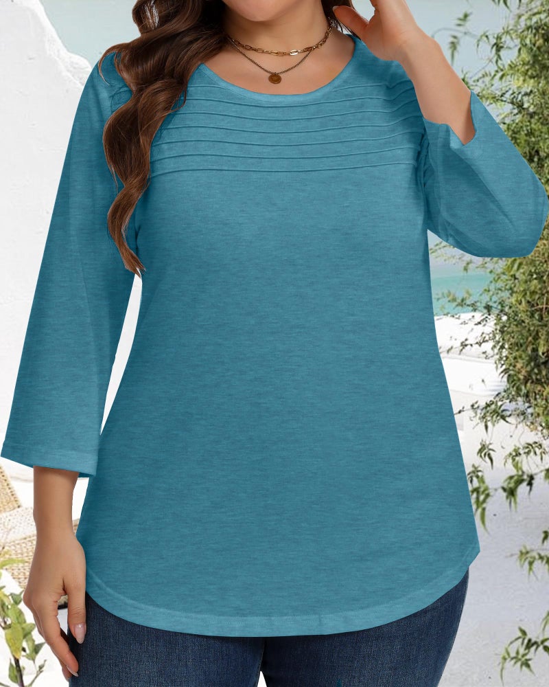 JOELLYUS Womens Plus Size Tops 3/4 Sleeve Shirts Casual Roundneck Tunics Top Pleated Spring Summer Blouse(White, 3XL) - Image 3