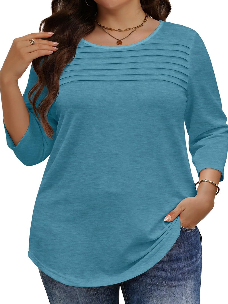JOELLYUS Womens Plus Size Tops 3/4 Sleeve Shirts Casual Roundneck Tunics Top Pleated Spring Summer Blouse(White, 3XL) - Image 1