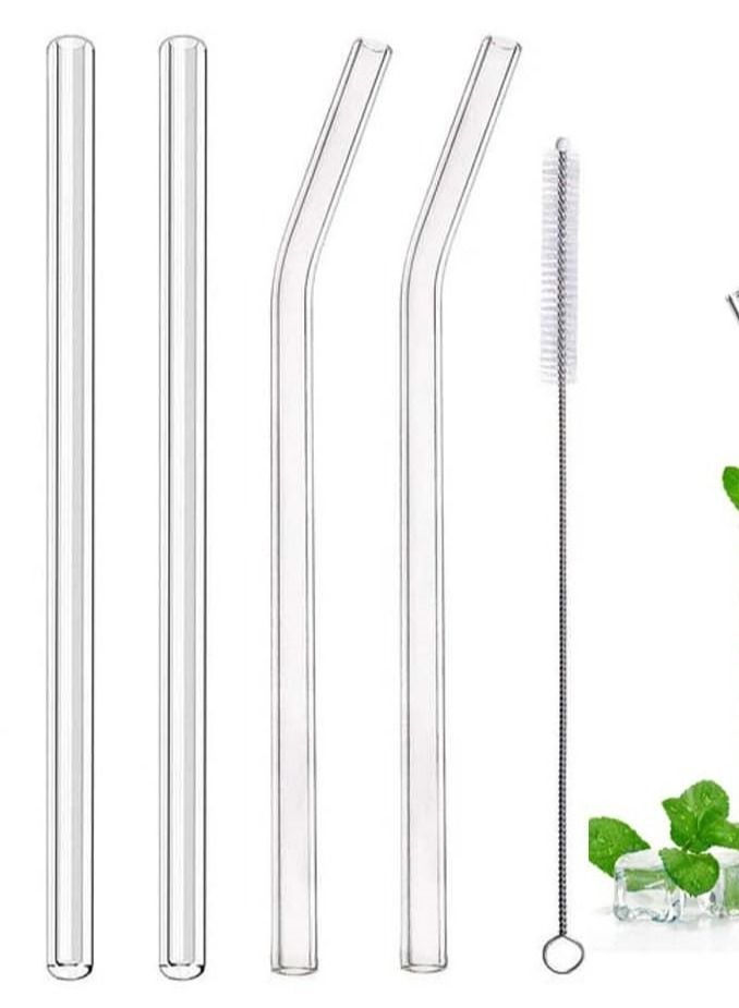 4basix Reusable Glass Straw Including 2 Straight 2 Bent 1 Straw Cleaning Brush Pack of 5 Disposable Borosilicate Glass Straw for Juice Milkshakes Smoothies Coffee - Image 1