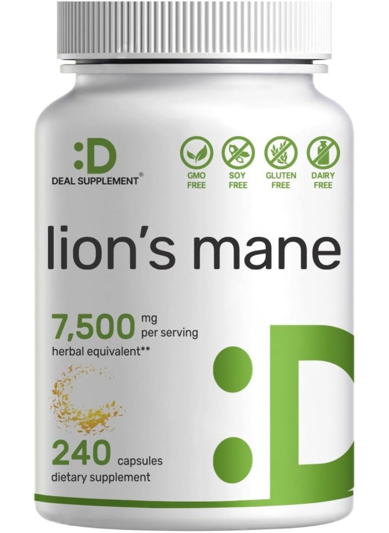 DEAL SUPPLEMENT - مكمل مستخلص فطر Lions Mane، 7500 مجم، 240 كبسولة - مصدر نشط للفواكه والفطر - منشط للذهن الطبيعي، غني بالسكريات - غير معدل وراثيًا - Image 1