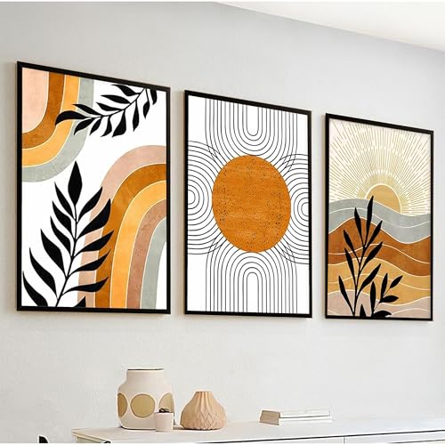 Nozvera Modern Abstract Madhubani Art Painting with Frame | UV Printed, Scratchless Sparkle Laminated | Paintings for Living Room, Home Decor, Bedroom, Office, Hall, Black Textured Frames, Set of 3 - Image 1