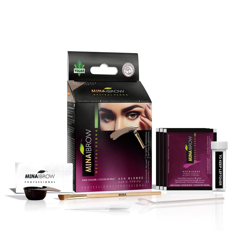 MinaiBrow MINA ibrow Henna Hair Color Professional Tint Kit With Brush Combo Pack | No Ammonia | Vegan & Cruelty Free | Upto 30 Applications (Ash Blond) - Image 1