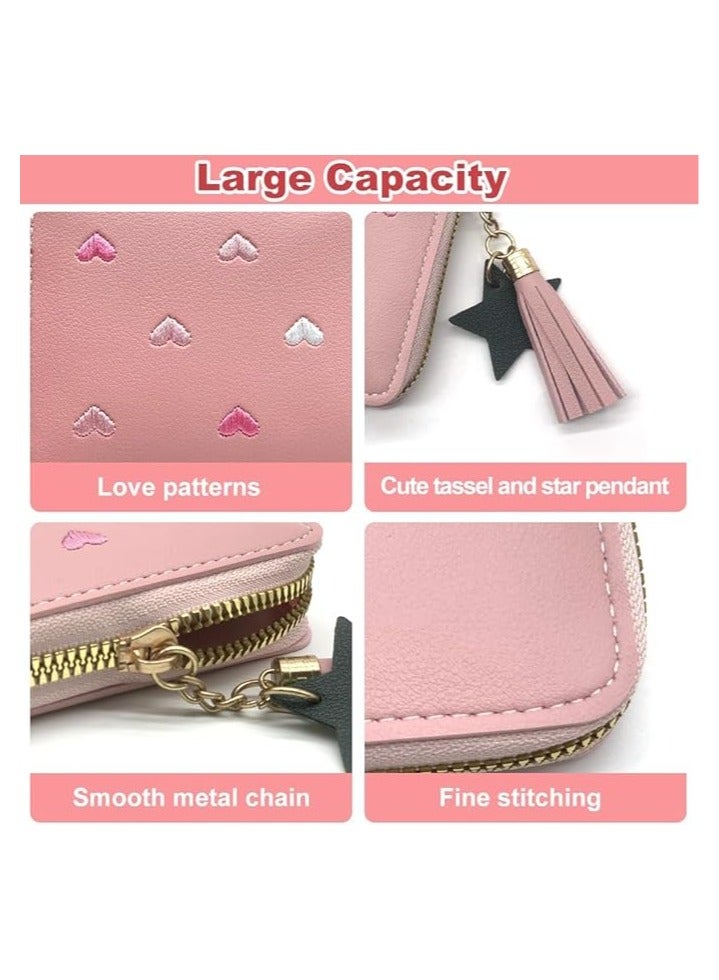 Girls Purse, Cute Slim Short Small Kids Wallet with Embroidery Hearts,Kids Wallets, PU Leather Ladies Purse with Tassel Zipper for Teens Girls Women  - Image 3