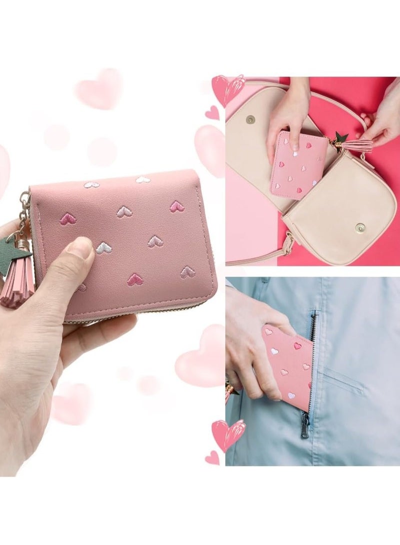 Girls Purse, Cute Slim Short Small Kids Wallet with Embroidery Hearts,Kids Wallets, PU Leather Ladies Purse with Tassel Zipper for Teens Girls Women  - Image 5