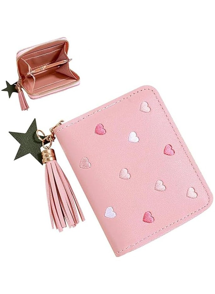 Girls Purse, Cute Slim Short Small Kids Wallet with Embroidery Hearts,Kids Wallets, PU Leather Ladies Purse with Tassel Zipper for Teens Girls Women  - Image 1