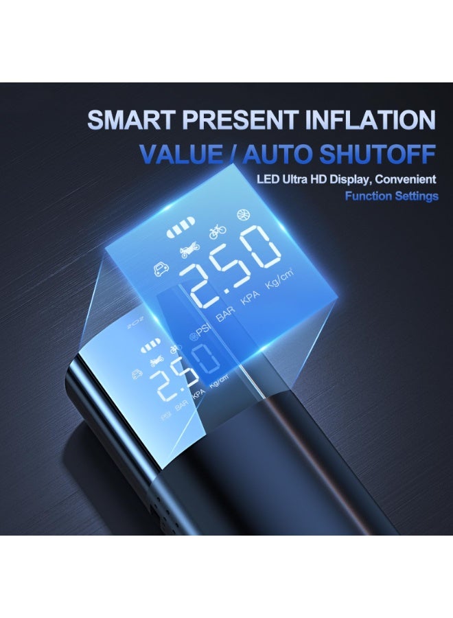 Tire Inflator Portable Air Compressor, 168PSI Cordless Air Pump for Car Tires with Tire Pressure Gauge, Smart Pump Tire Inflator with LED and LCD for Car, Motorcycle, Bicycle, Ball (Metallic Black) - Image 4