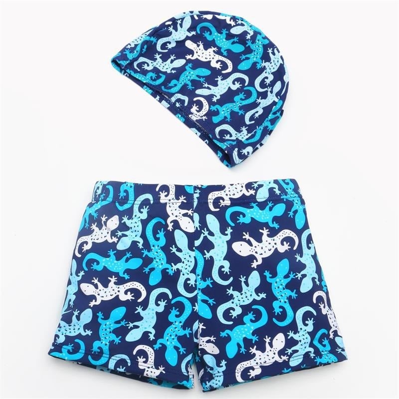 Boys Swim Shorts - Korean Cartoon Pattern Drawstring Flat Front Beach Trunks for Kids