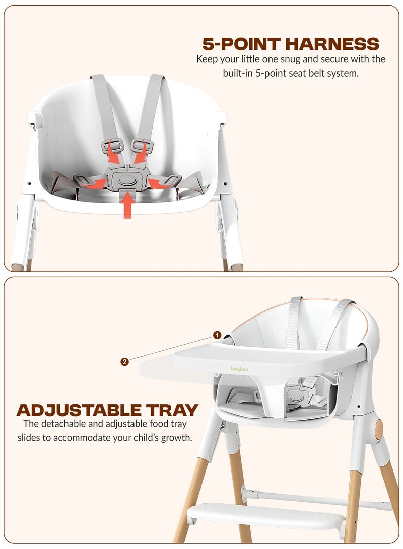BAYBEE Premium 3-in-1 Convertible Baby High Chair for Kids | Toddler Dining Feeding Chair with Adjustable Height & 5-Point Safety Harness | Baby Chair with Adjustable Tray | Kids High Chair for Baby for 6 Months to 4 Years Boy Girl White - Image 4