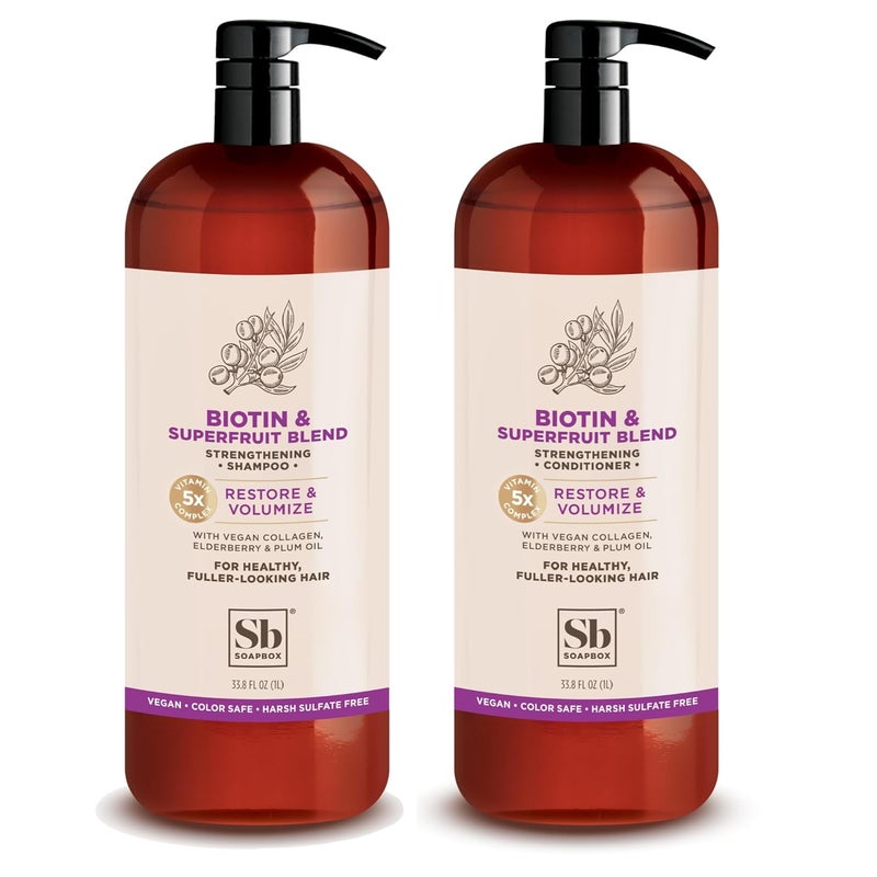 Soapbox Biotin & Superfruit Shampoo & Conditioner Set with Vegan Collagen, Aloe and Shea Butter, Sulfate Free, Paraben & Silicone Free, Color Safe and Vegan Hair Products, 1 Liter Each (Pack of 2)
