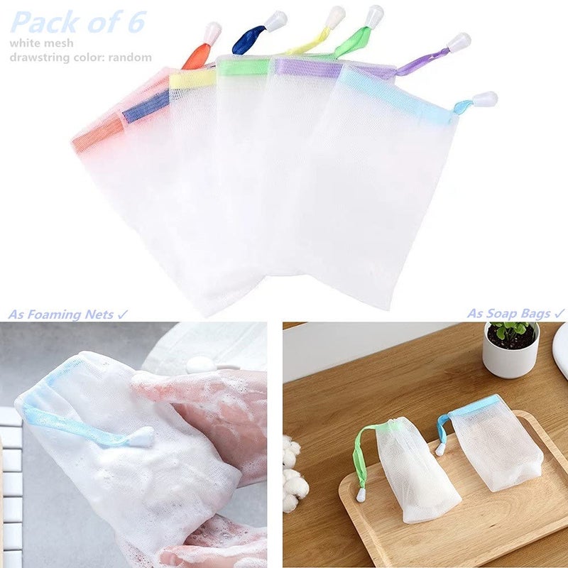 FULINJOY 6 PCS Exfoliating Mesh Soap Saver Pouch Bag Sack, Face Cleansing Foaming Nets, White Pouch with Drawstring (Color Random) - Image 2