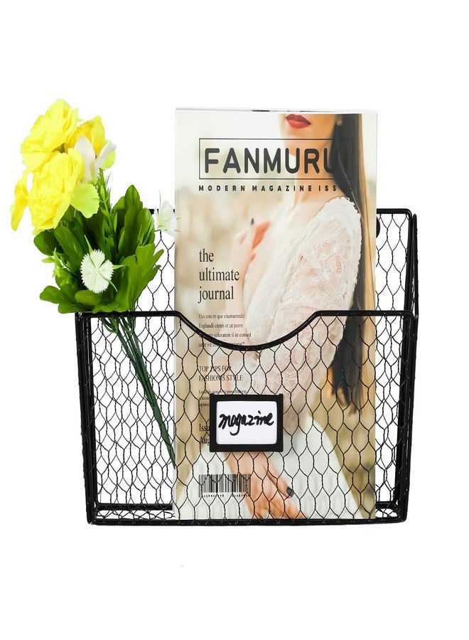 PAG 3 Pockets Hanging File Holder Wall Mount Mail Organizer Metal Chicken Wire Magazine Rack with Tag Slot, Black - Image 2