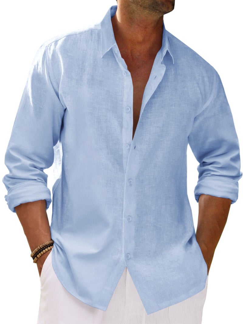 Runcati Mens Button Down Shirt Cotton Linen Casual Long Sleeve Shirts Collared Hippie Beach Tops Sky Blue