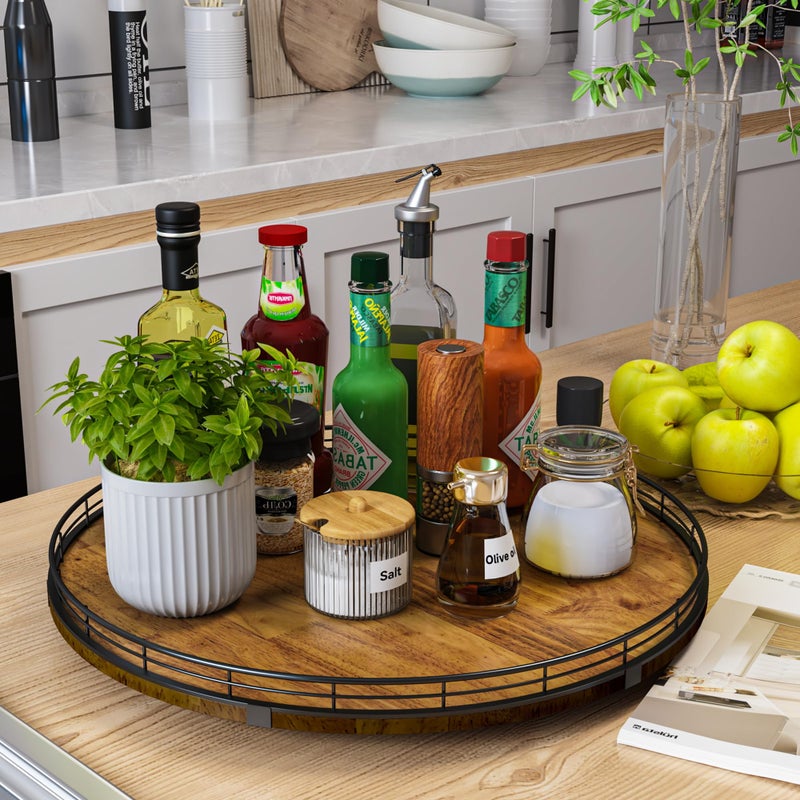 AMH Farmhouse Oak 18" Lazy Susan Turntable Organizer for Cabinet, Round Wooden Lazy Susan Organization and Storage for Dining Table, Pantry, Kitchen, Countertop, Cupboard,Home Decor, Walnut Wood (18") - Image 2
