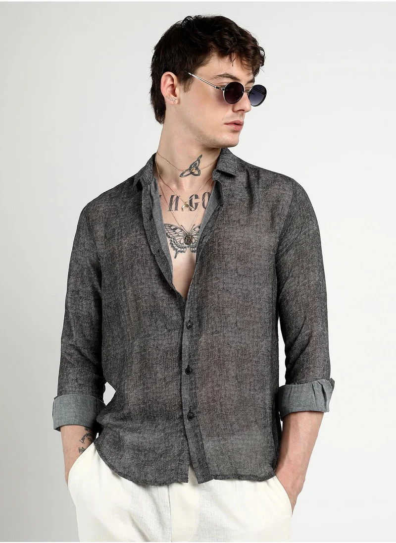 Campus Sutra Men's Charcoal Black Gauzy Heathered Shirt