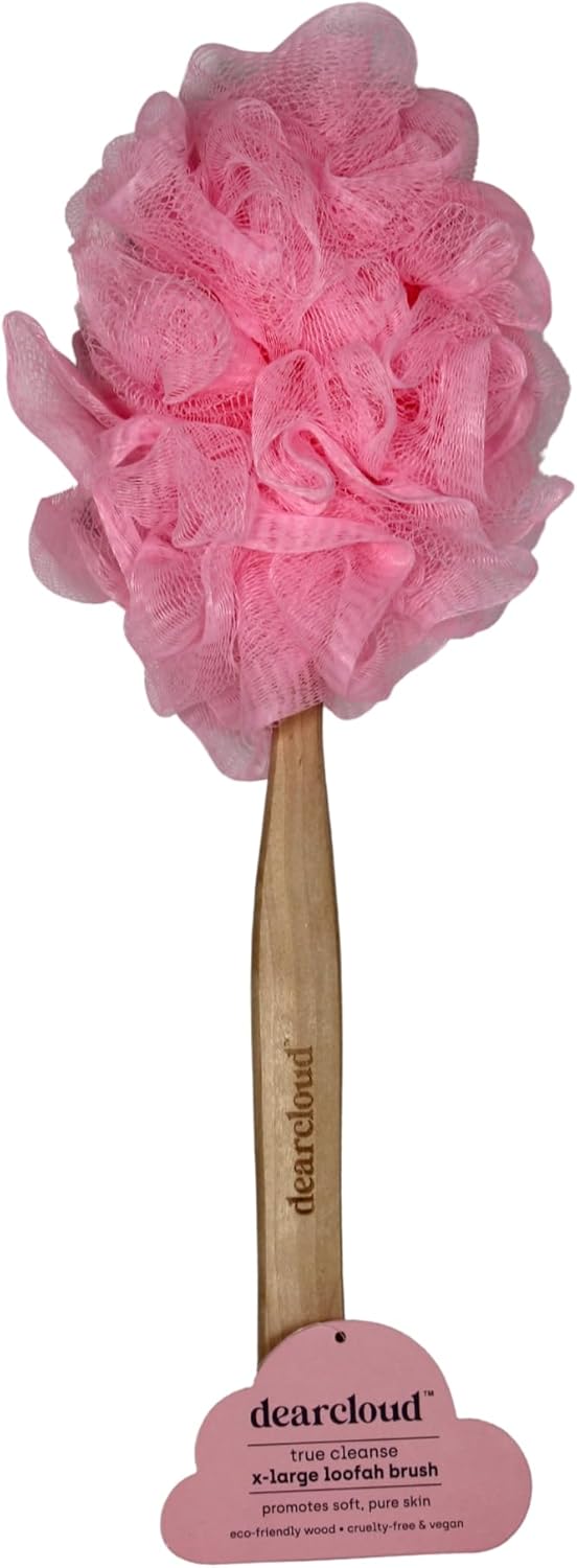dearcloud True Cleanse XL Loofah Brush Exfoliating Body Exfoliator Scrubber with Long Handle for Shower Shower Scrubber for Body Pink