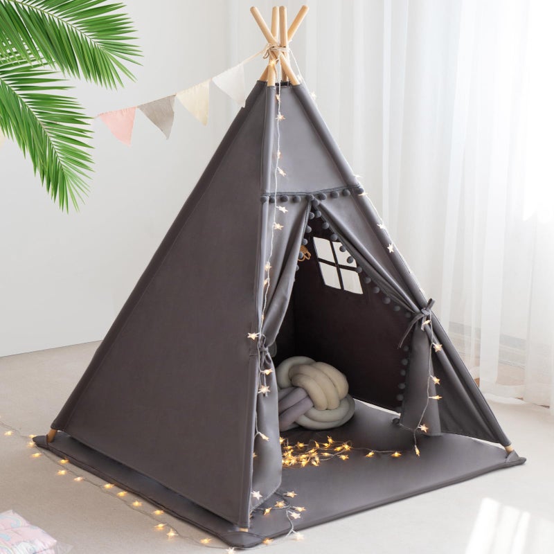 RONGFA Teepee Tent for Kids with Mat Star Lights Carry Case Cotton Canvas Playhouse Foldable Tents Portable Children Play Tent Indoor OutdoorGrey - Image 3