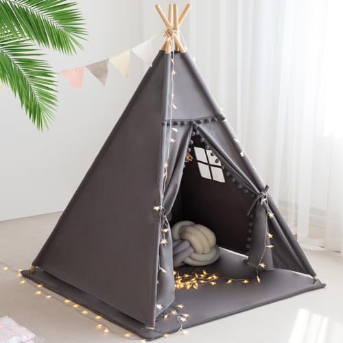RONGFA Teepee Tent for Kids with Mat Star Lights Carry Case Cotton Canvas Playhouse Foldable Tents Portable Children Play Tent Indoor OutdoorGrey - Image 1