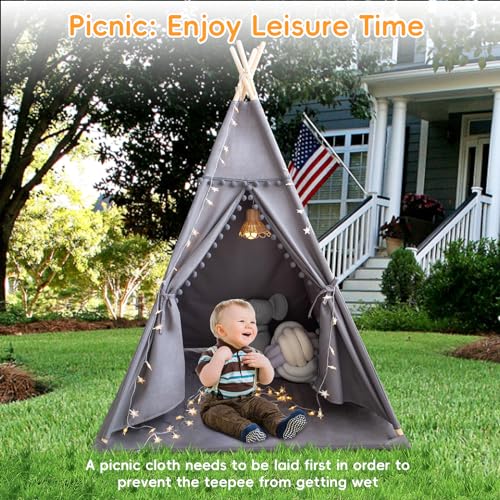 RONGFA Teepee Tent for Kids with Mat Star Lights Carry Case Cotton Canvas Playhouse Foldable Tents Portable Children Play Tent Indoor OutdoorGrey - Image 5