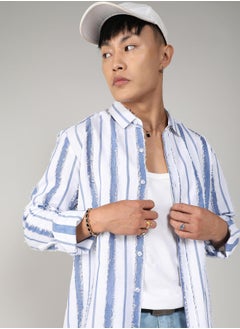 Campus Sutra Men's Sky Blue & Chalk White Striped Fringe Shirt  - Image 1