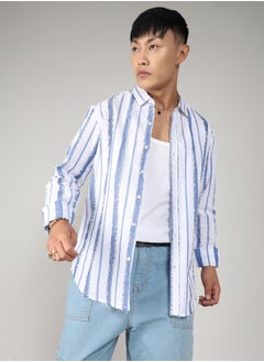 Campus Sutra Men's Sky Blue & Chalk White Striped Fringe Shirt  - Image 2