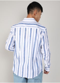 Campus Sutra Men's Sky Blue & Chalk White Striped Fringe Shirt  - Image 5