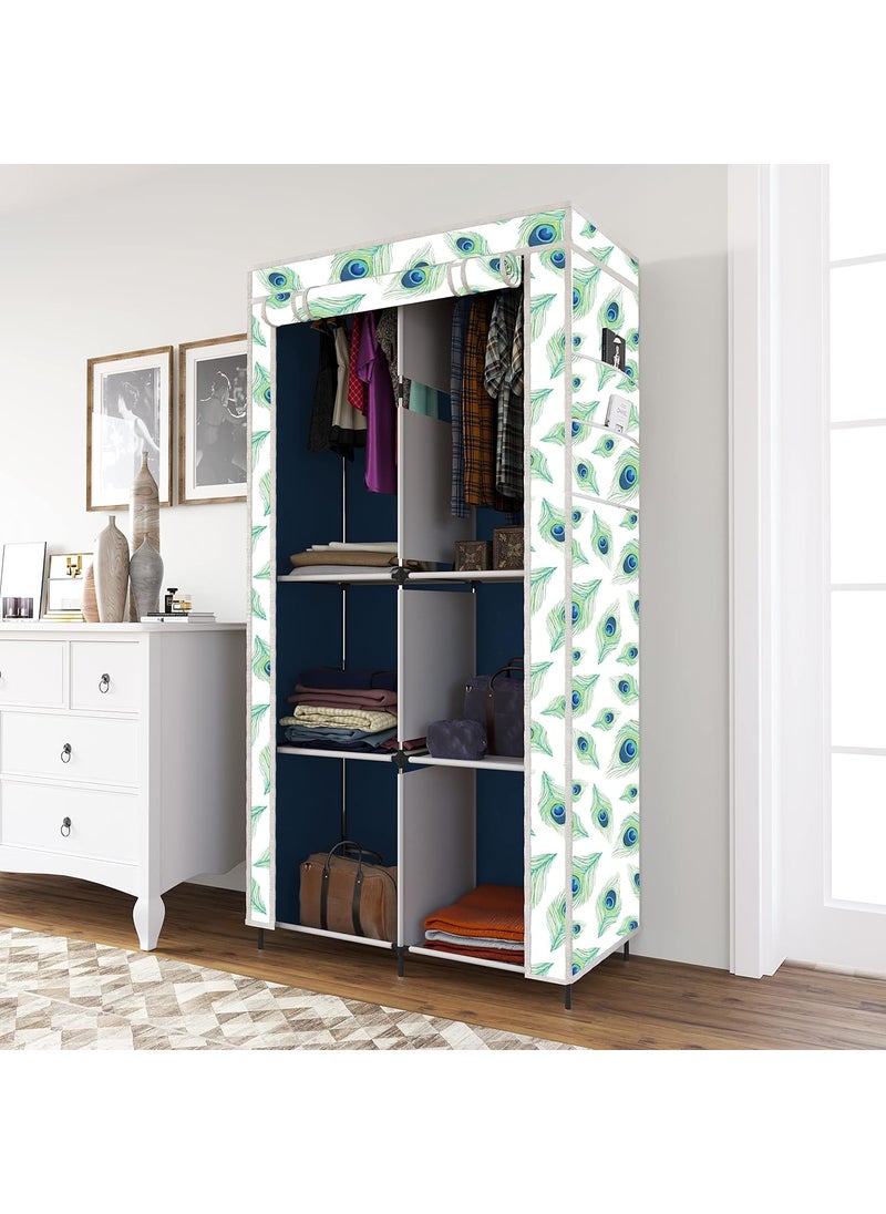 Whitecloud TRANSFORMING HOMES Whitecloud TRANSFORMING HOMES Printed Collapsible Wardrobe Portable Foldable Closet for Clothes Almira 2 Hanging Space 6 Shelves 1 Side Pocket NonWoven Fabric 100 GSM 20033 Peacock Blue  - Image 1