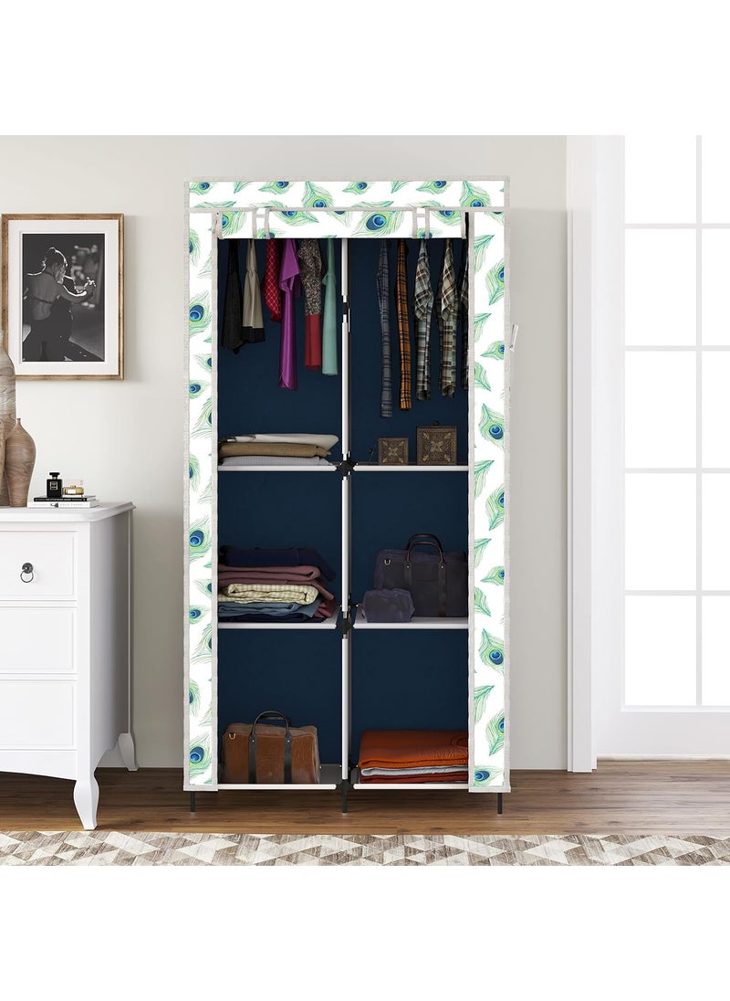 Whitecloud TRANSFORMING HOMES Whitecloud TRANSFORMING HOMES Printed Collapsible Wardrobe Portable Foldable Closet for Clothes Almira 2 Hanging Space 6 Shelves 1 Side Pocket NonWoven Fabric 100 GSM 20033 Peacock Blue  - Image 2